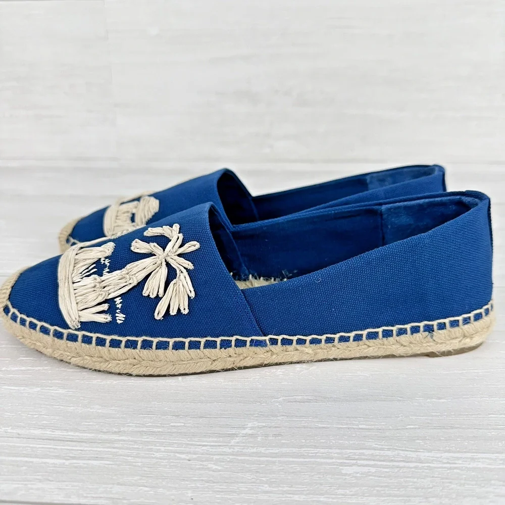 Tory Burch Flat Espadrille Size 8 Raffia‎ Embroidered Straw Blue Tropical Cruise